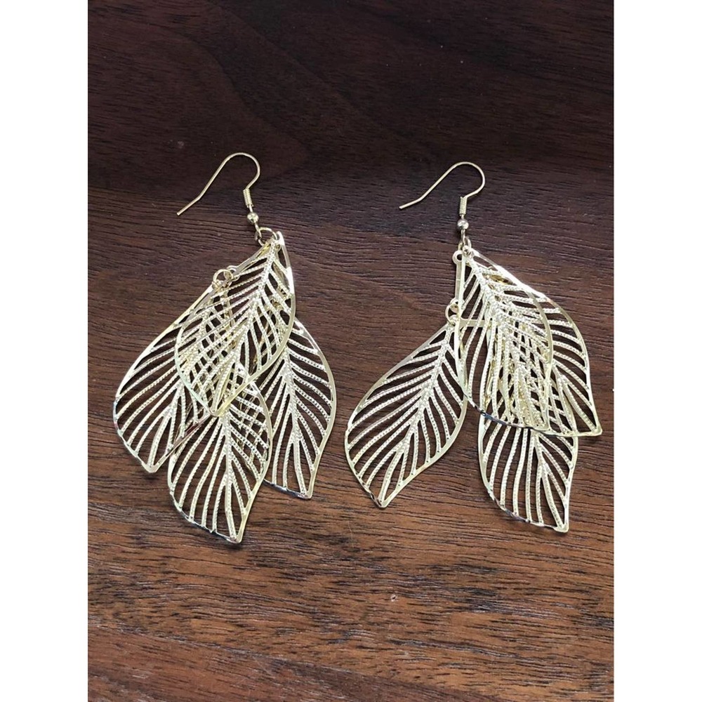 Flowy Gold-Tone Leaf Leaves Dangle Wire Hook Earrings (#31)